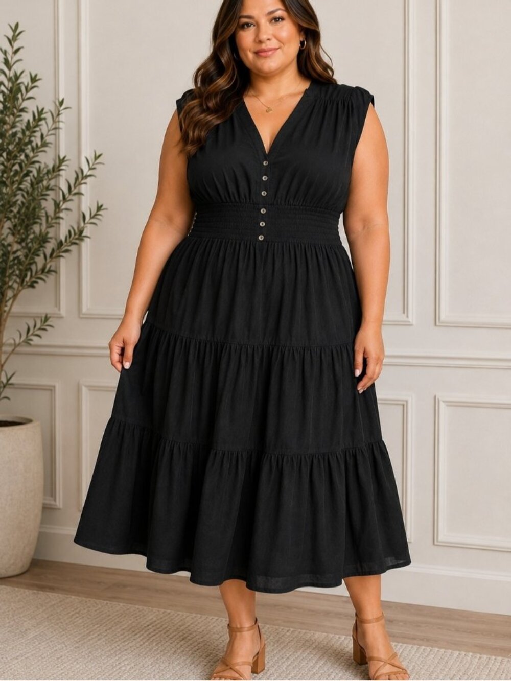 Calvin Klein Black Tiered Maxi Dress Size 14 Smocked Waist Boho Sleeveless LBD
